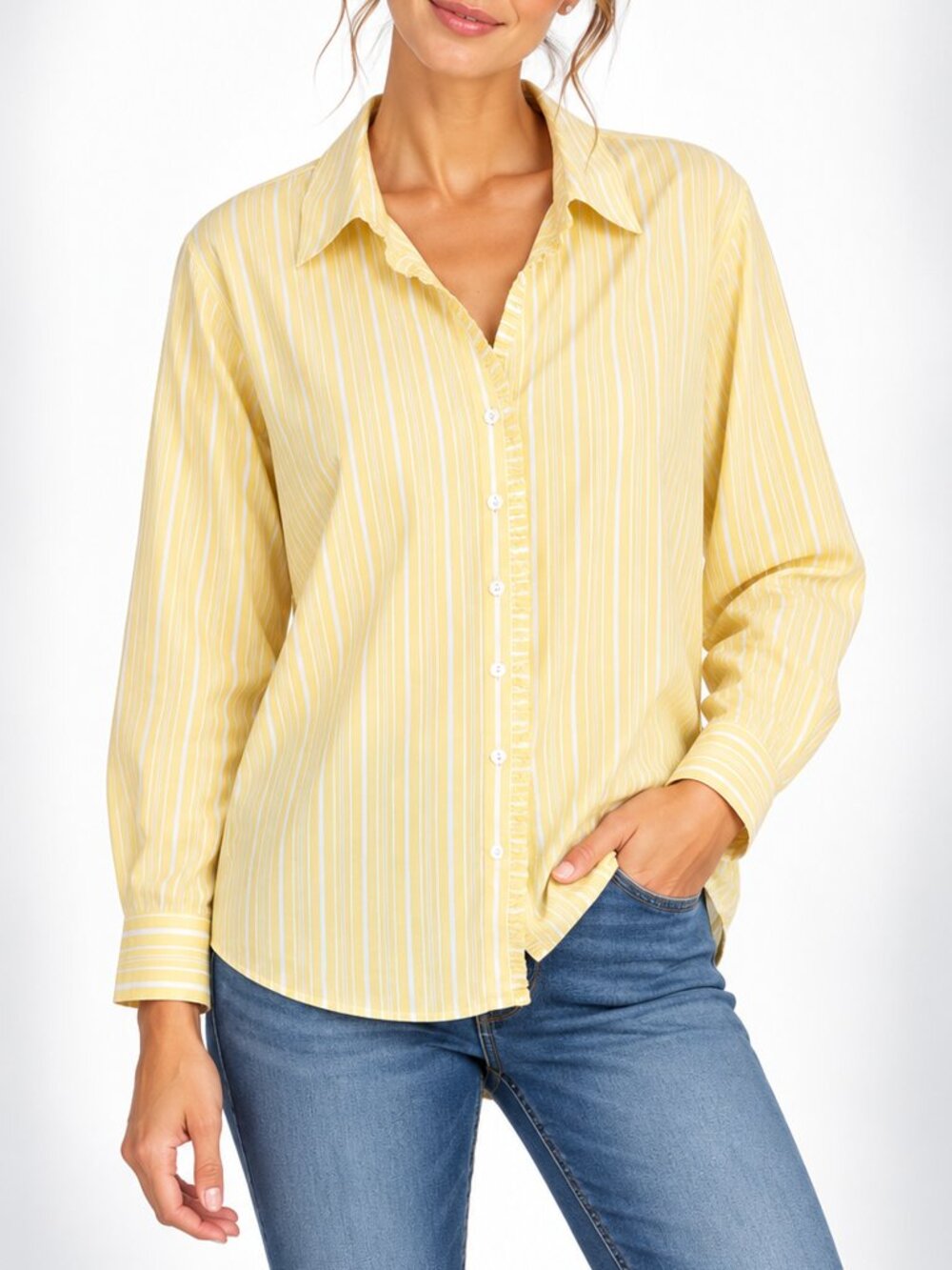 Foxcroft 18W Yellow White Striped Non-Iron Cotton Ruffle Button-Down Blouse